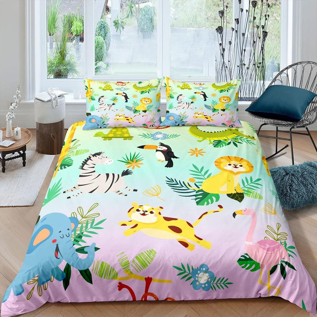 Monkey Duvet Cover Sets Cute Monkey Around The Tree Print Bedding Set 3pcs for Kids Boys Cartoon Animal Soft Comforter Cover