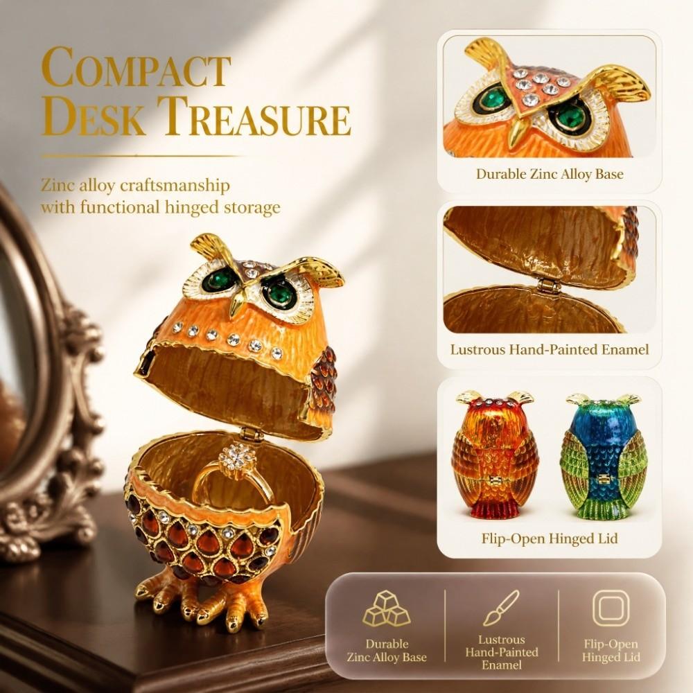 Zinc Alloy Owl Trinket Box Enameled Finish Owl Keepsake Box Classic Ring Holder Box For Rings