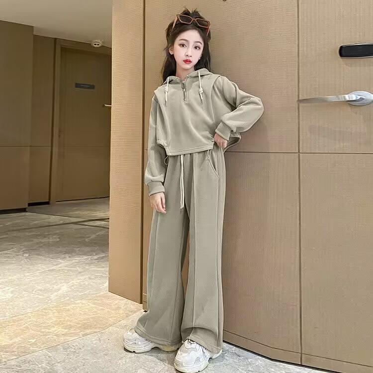 Spring and Autumn Girls Fashion Casual Hooded Sweatshirt Straight Wide-leg Pants Two-piece Suit