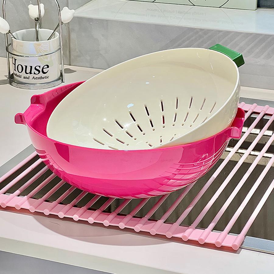 Double-layer Draining Basket Plastic Fruits Vegetable Wash & Drain Basket, Storage Basket, Multi-layer Stackable for Kitchen