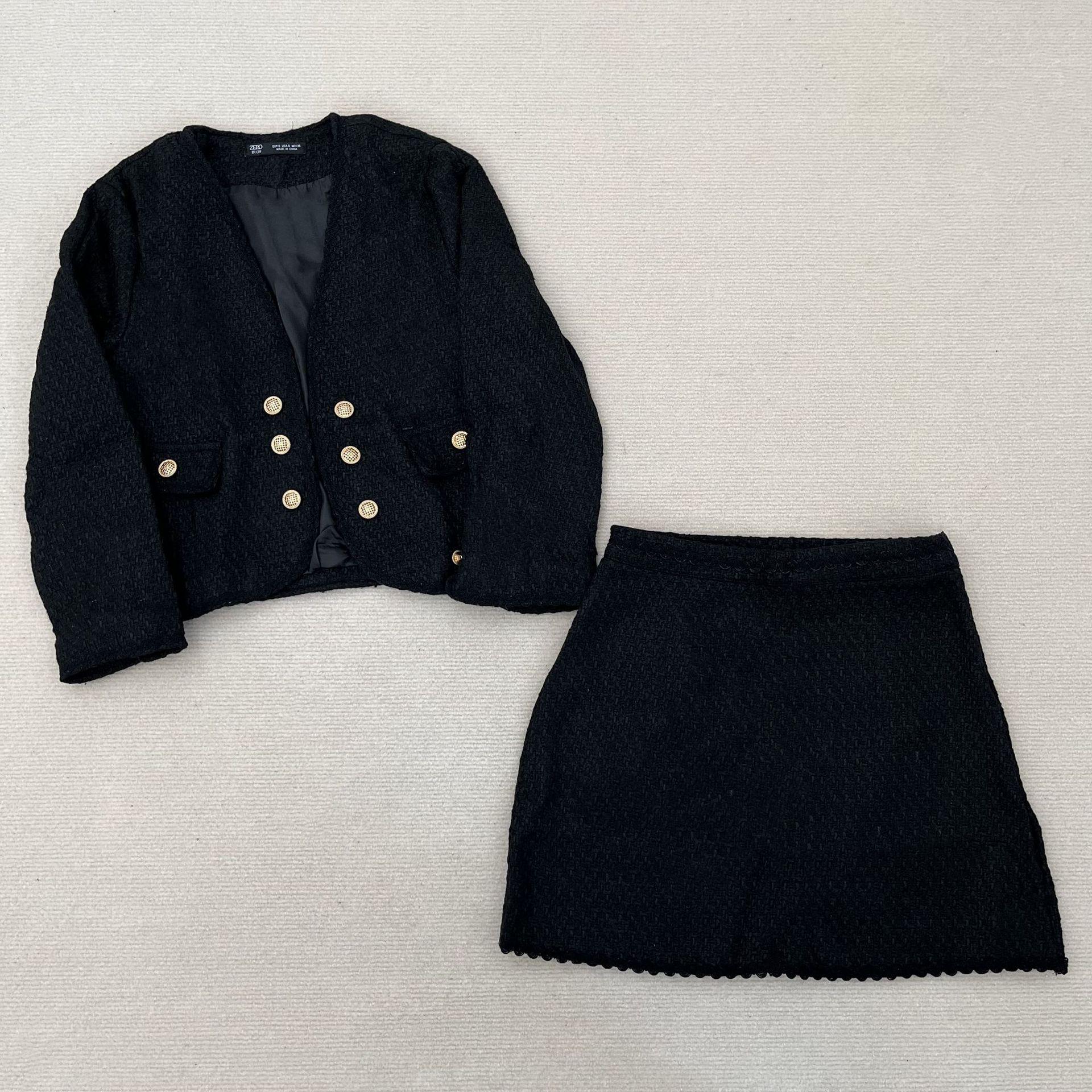 

2024 Autumn/Winter Women s Slim Fit Double-Breasted Textured Coat & High Waist Skirt Set Medium