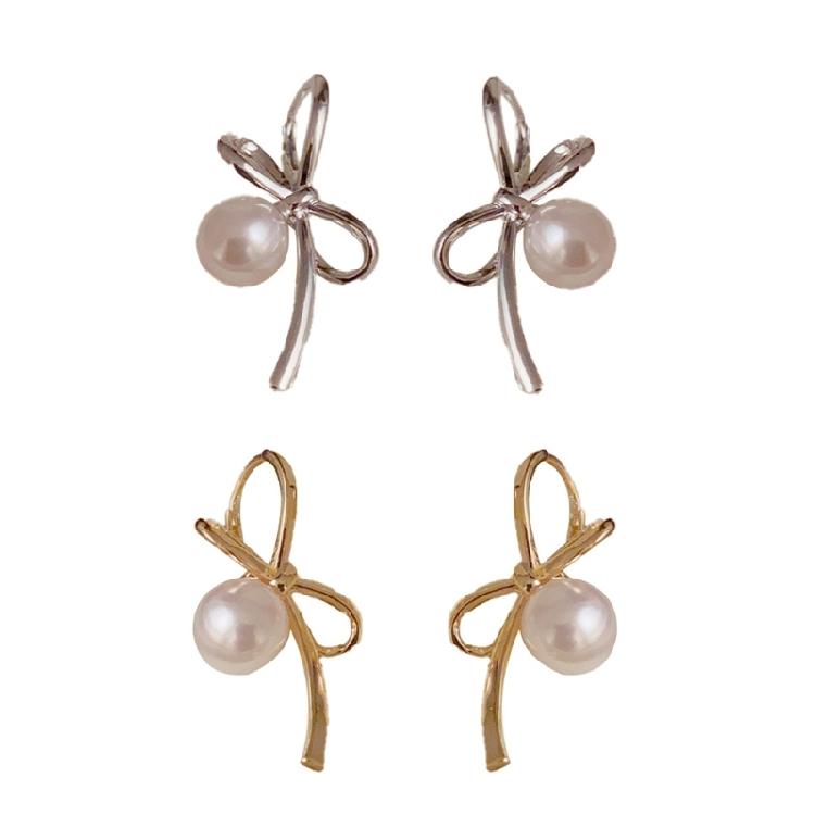 Delicate Earrings with Bowknot Pendant Chic Pearl Ear Piercing Jewelry Ear Hooks