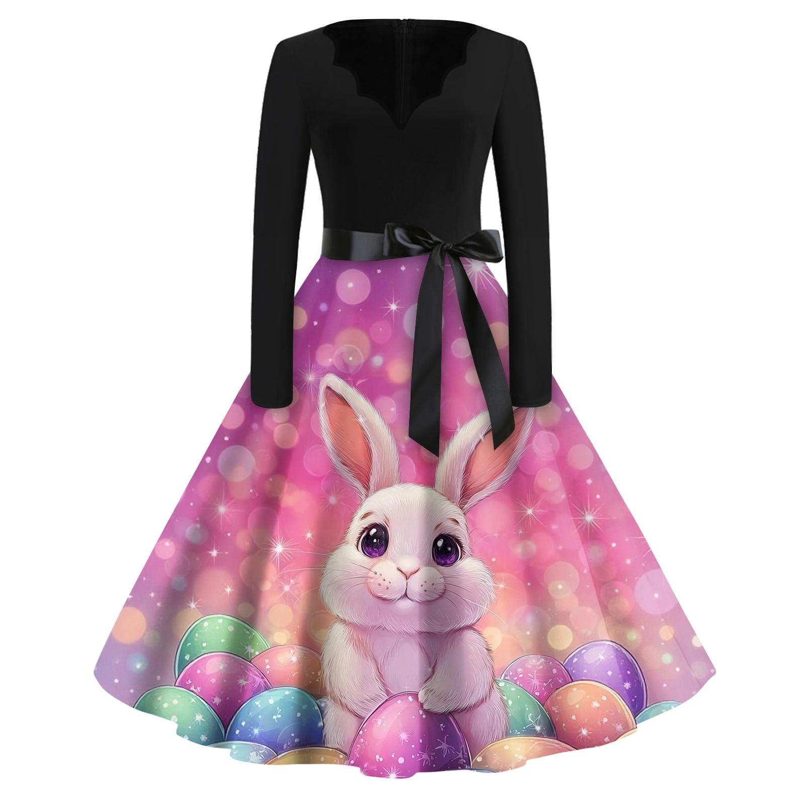 

Print Flare Dress For Women Long Sleeve Dress Hollow Party Casual Dresses XXL