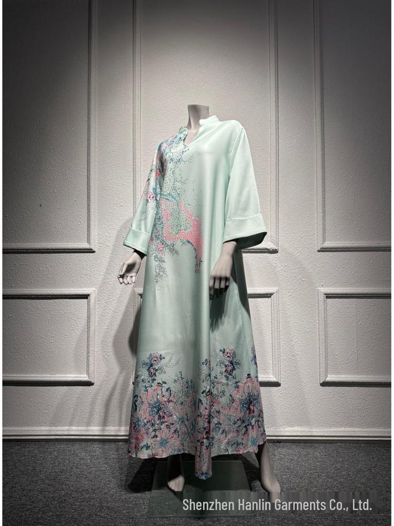 SM003 Muslimisches Jalabiya-Print-Langarmkleid mit Heißbohren - Damenbekleidung im Dubai-Stil