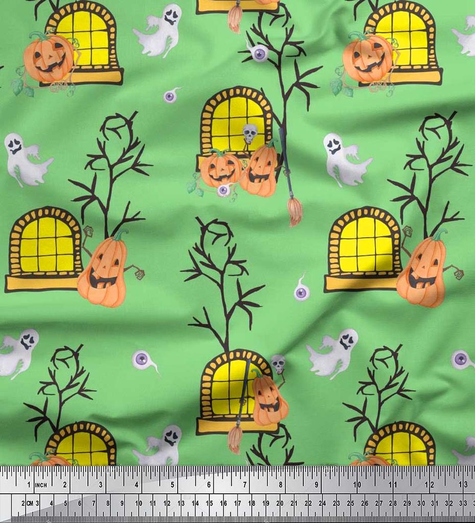 Soimoi Japonská krepová saténová látka Strašidelný dům, Dýně a Duch Halloweenská tištěná látka 1 metr 42 palců