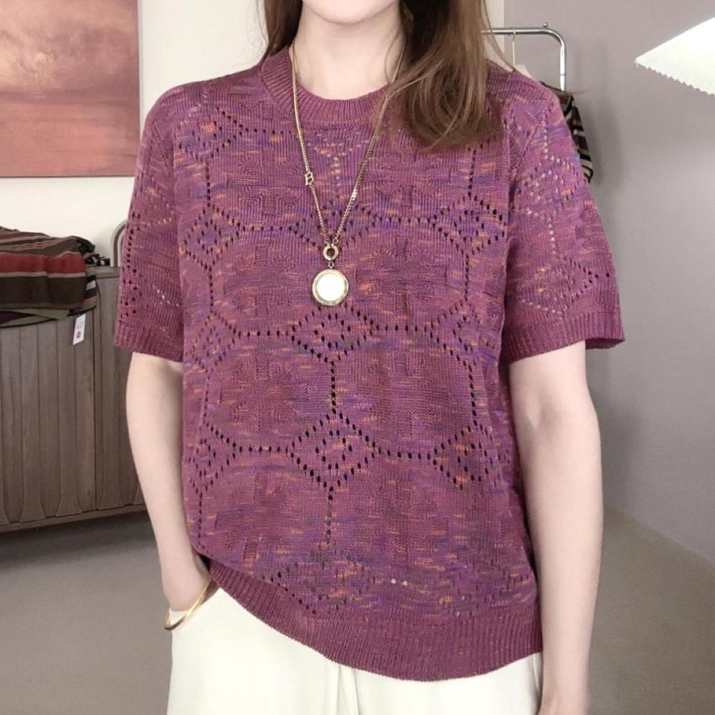 2026 Iridescent Round Neck Short Sleeve Knit Top - Women's Loose Slimming Fit