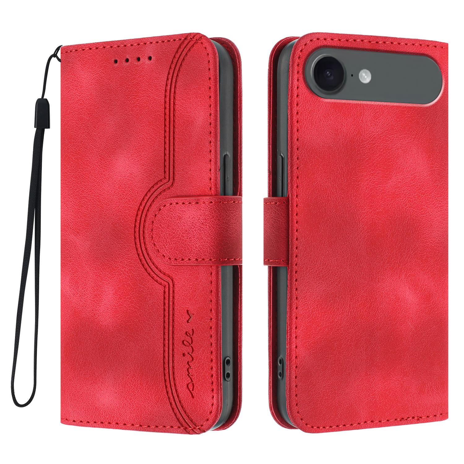 

For iPhone 17 Air Leather Case Wallet Stand Smile Imprinted Phone Cover with Strap Red