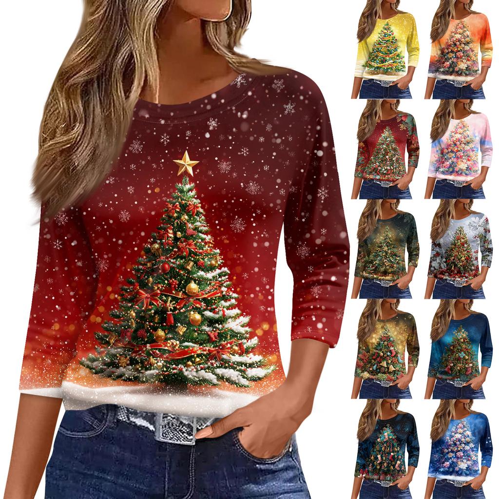 3/4 Sleeve Shirts For Women Print Graphic Tees Blouses Casual Plus Size Basic Tops Pullover