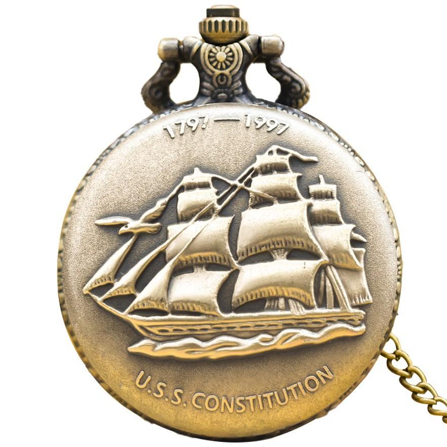 

Vintage Bronze Sailboat Design Quartz Pocket Watch with Sweater Necklace Chain for Women