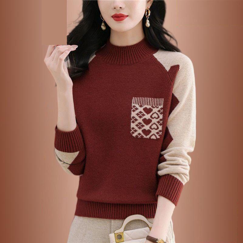 Women's Printed Sweater Autumn Winter Thick Soft Mock Turtleneck Sweater Color Block Loose Knit Pullover Top