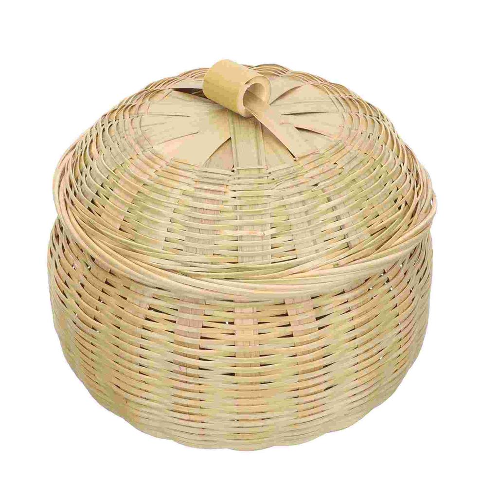 Wicker Bamboo Storage Basket Rubbish Bin with Lid for Food Round Baskets Weaving Kitchen
