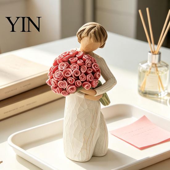 Minimalist Desk Ornament Girl Holding Bouquet Resin Figurine, Faceless Lady Statue, Romantic Desktop for Flower Statue Living Room Bedroom Home Decor,