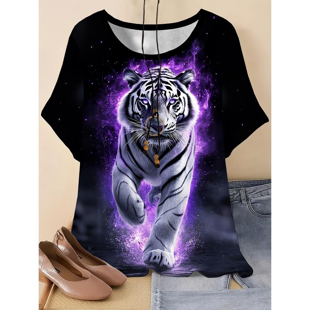 

Plus Size Casual Crew Neck Short Sleeve Animal Print T-Shirt - Soft Medium Stretch Polyester Fabric Spring and Summer Womens Relaxed Fit Clothing 7XL білий/фіолетовий