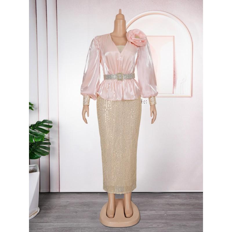 Elegant Plus Size African Womens Evening Dress Long Sleeve Deep V Neck Sequin Trimmed Fit-and-Flare Gown Party