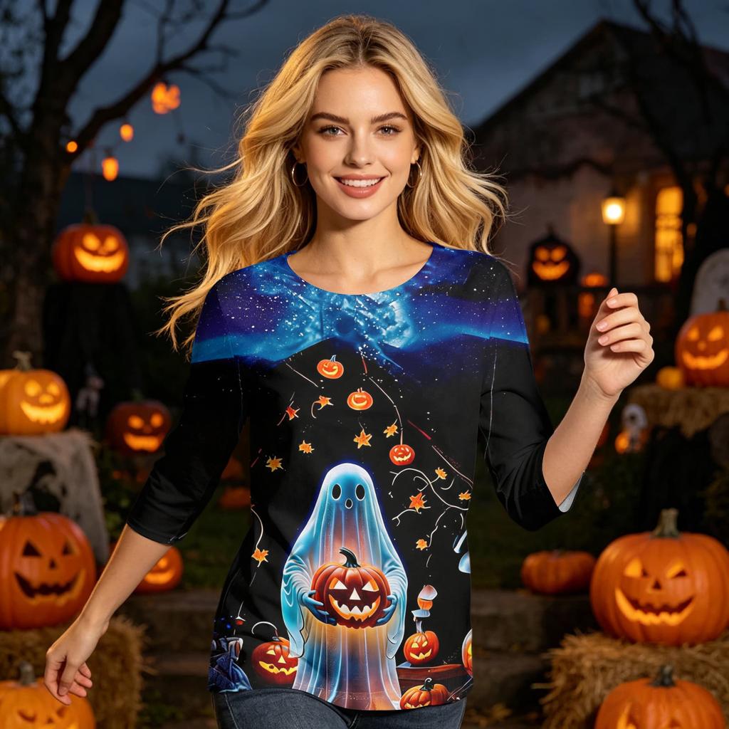 Women's Halloween Print Round Neck Three-Quarter Sleeve Blouse Top for Fall Parties