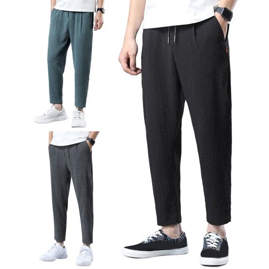 Men Ninth Pants Drawstring Elastic Waist Straight Leg Loose Solid Color Pockets Plus