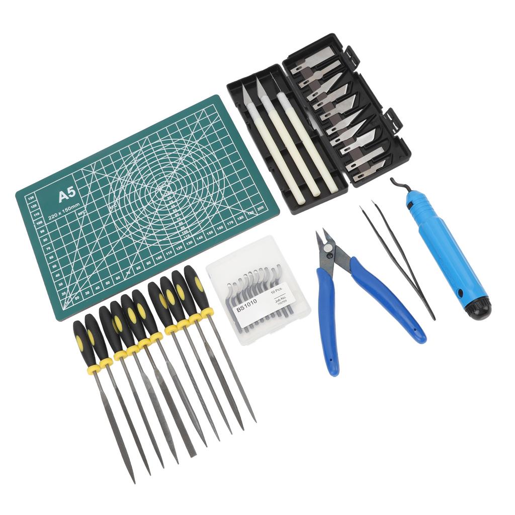 Sada 3D tiskových nástrojů obsahuje odjehlovací nástroj, kleště, pinzety, řezací podložku, příslušenství pro 3D tisk pro