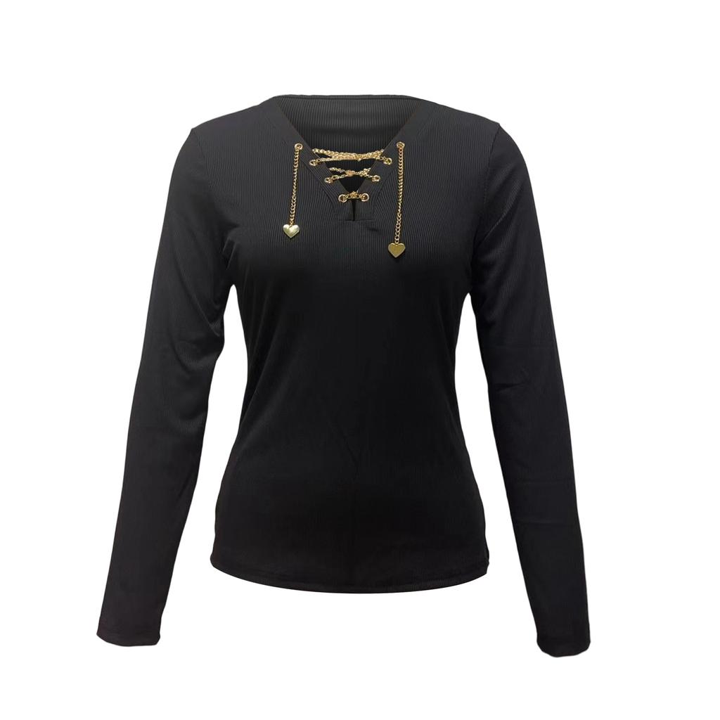 Women Long Sleeve Chain V Neck Top Slim Fit Pullover Casual Shirt with Decorative Accents for Daily Wear