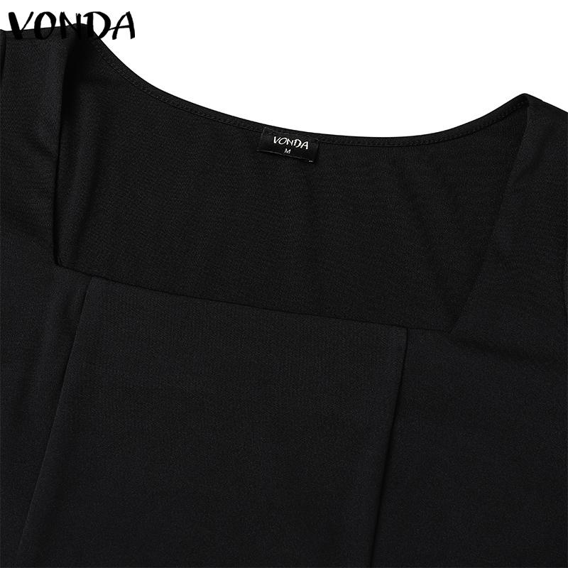 VONDA Women U-Neck Long Sleeve Solid Color Split Thin Bodycon Mini Dress