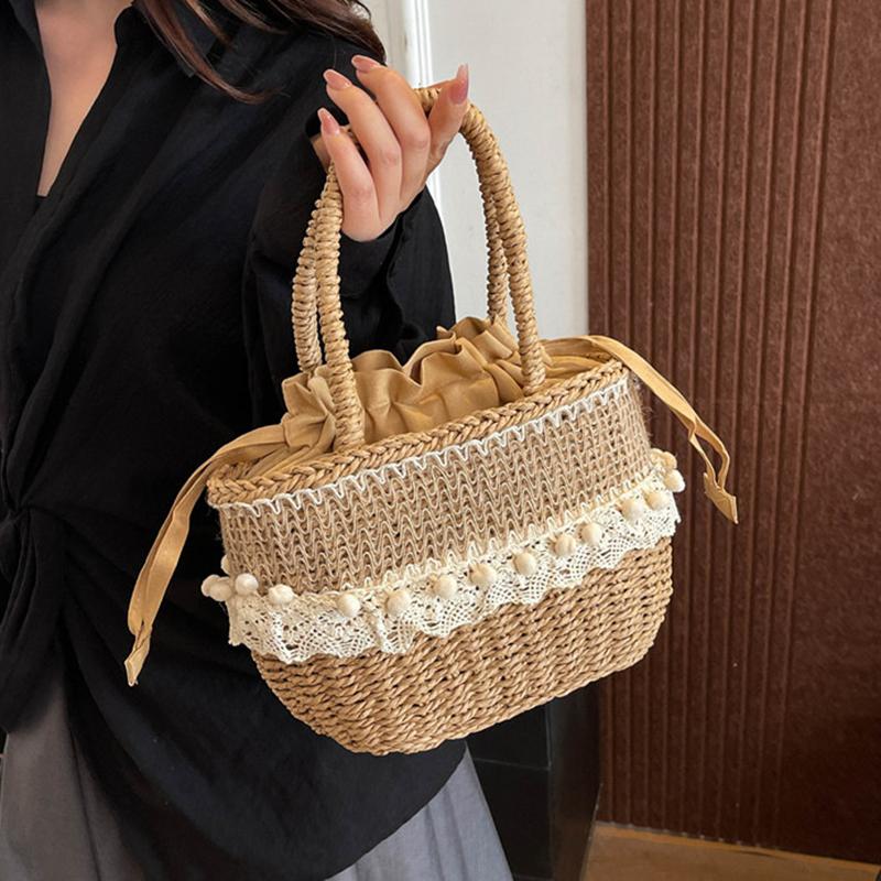 Yogodlns Women Straw Woven Bag Straw Tote Bag Large Capacity Weaving Shoulder Purse with Lace Woven Shopping HandBag Summer Beach Clutch