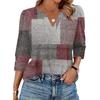 Women's Casual V Neck Loose Fit Three Quarter Sleeve Top with Button Detail on Sleeve and Patchwork Pattern Suitable for Everyday Wear