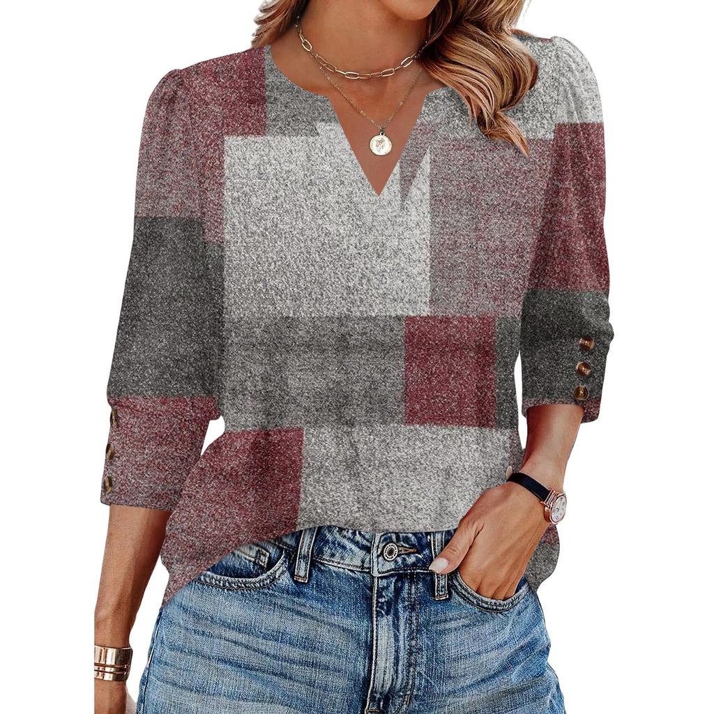 Women's Casual V Neck Loose Fit Three Quarter Sleeve Top with Button Detail on Sleeve and Patchwork Pattern Suitable for Everyday Wear