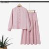 Women Long Sleeve Blouse and Long Skirt Stripe Print Two Piece Suit Sets