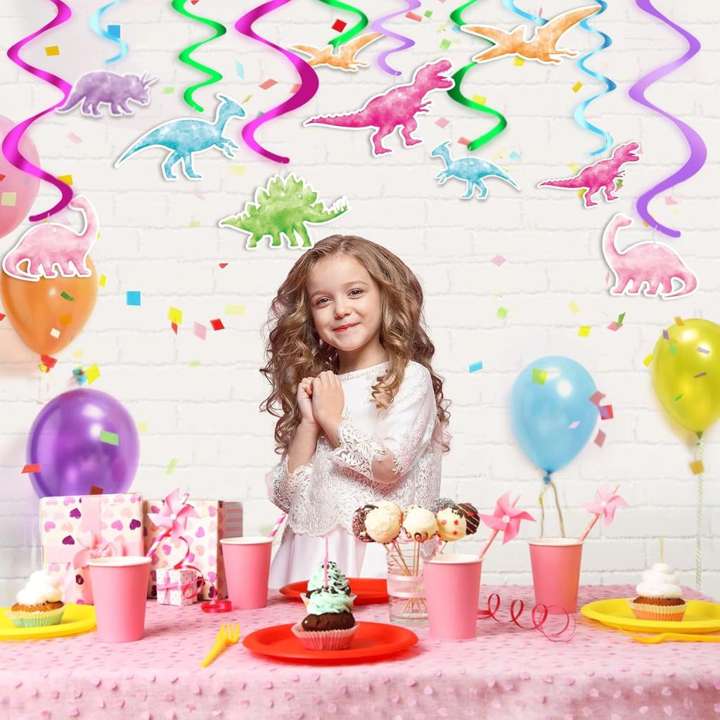 WERNNSAI Watercolor Dinosaur Party Hanging Swirl - 24Pcs Dinosaur Party Decorations for Girls Kids Birthday Baby Shower Foil Whirls Ceiling Streamers