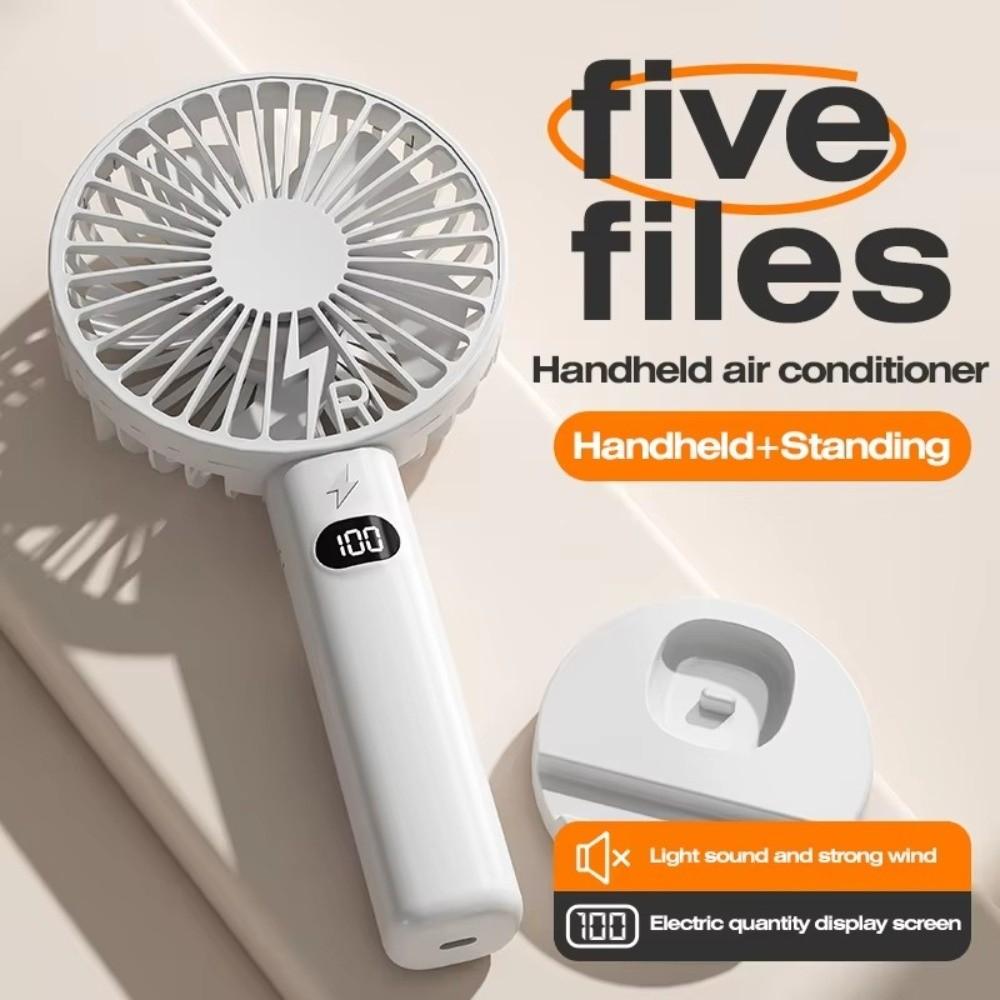 LCD Display Mini Fan With Phone Holder 5-Speed Wind Desk Fan Portable Charging Fan