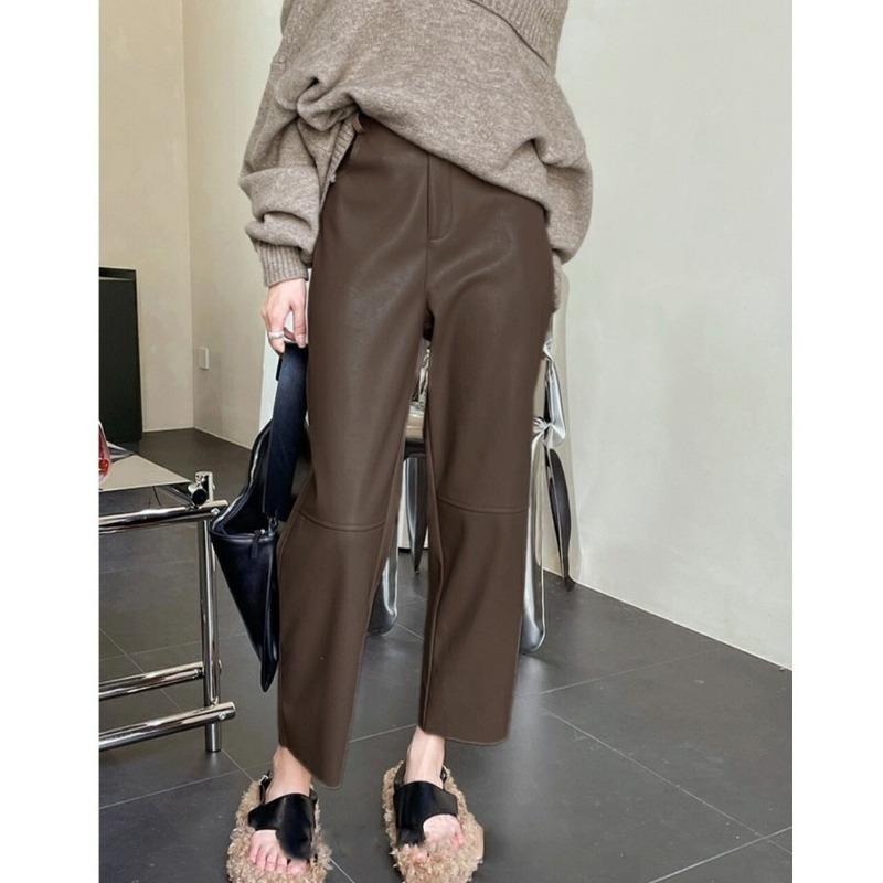 Small narrow version straight leather pants women's autumn and winter new high waist and thin temperament nine-point pipe pants
