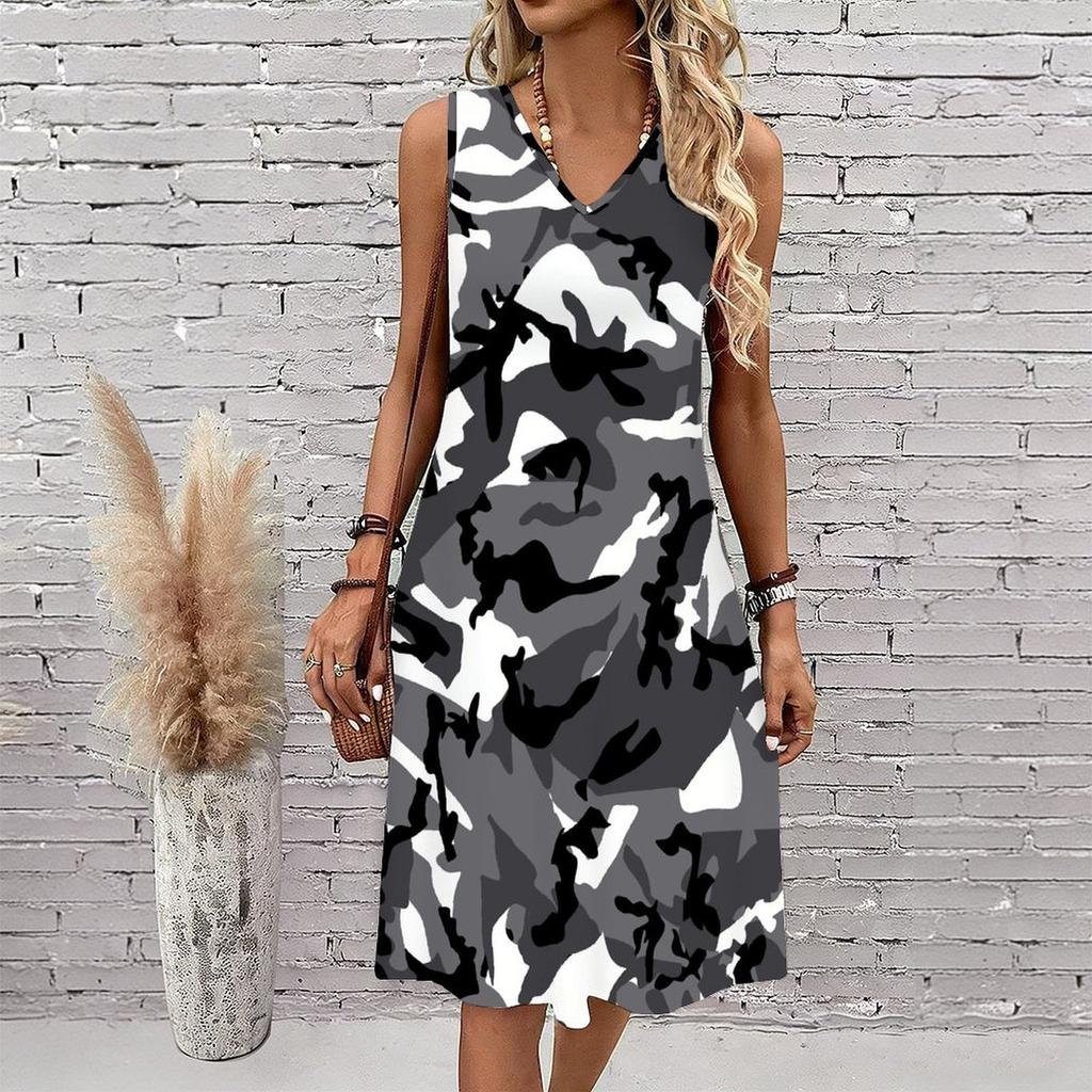 Plus Size V Neck Sleeveless Dress Verdant Mountain Valley Watercolor Print For Countryside Day Trip