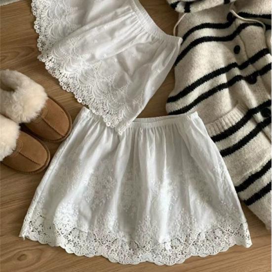 Women Shirt Extender Elastic High Waist Hollow Embroidery Lace Flower Pattern Mini Skirt Solid Color Butt Curtain Extension