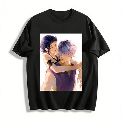 Anime Style Couple Print Casual T-Shirt Unisex Loose Breathable Trendy Daily Top Pure Cotton T-shirt