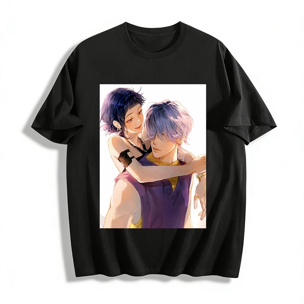 

Anime Style Couple Print Casual T-Shirt Unisex Loose Breathable Trendy Daily Top Pure cotton T-shirt XXS