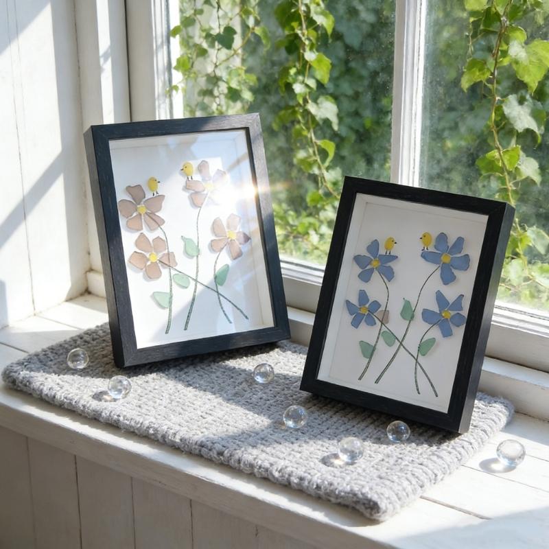 Handmade Sea Glass Art Frame Table Decors Forget Me Not Flower Birds Sea Glass Table Art Decors Gift for Friend