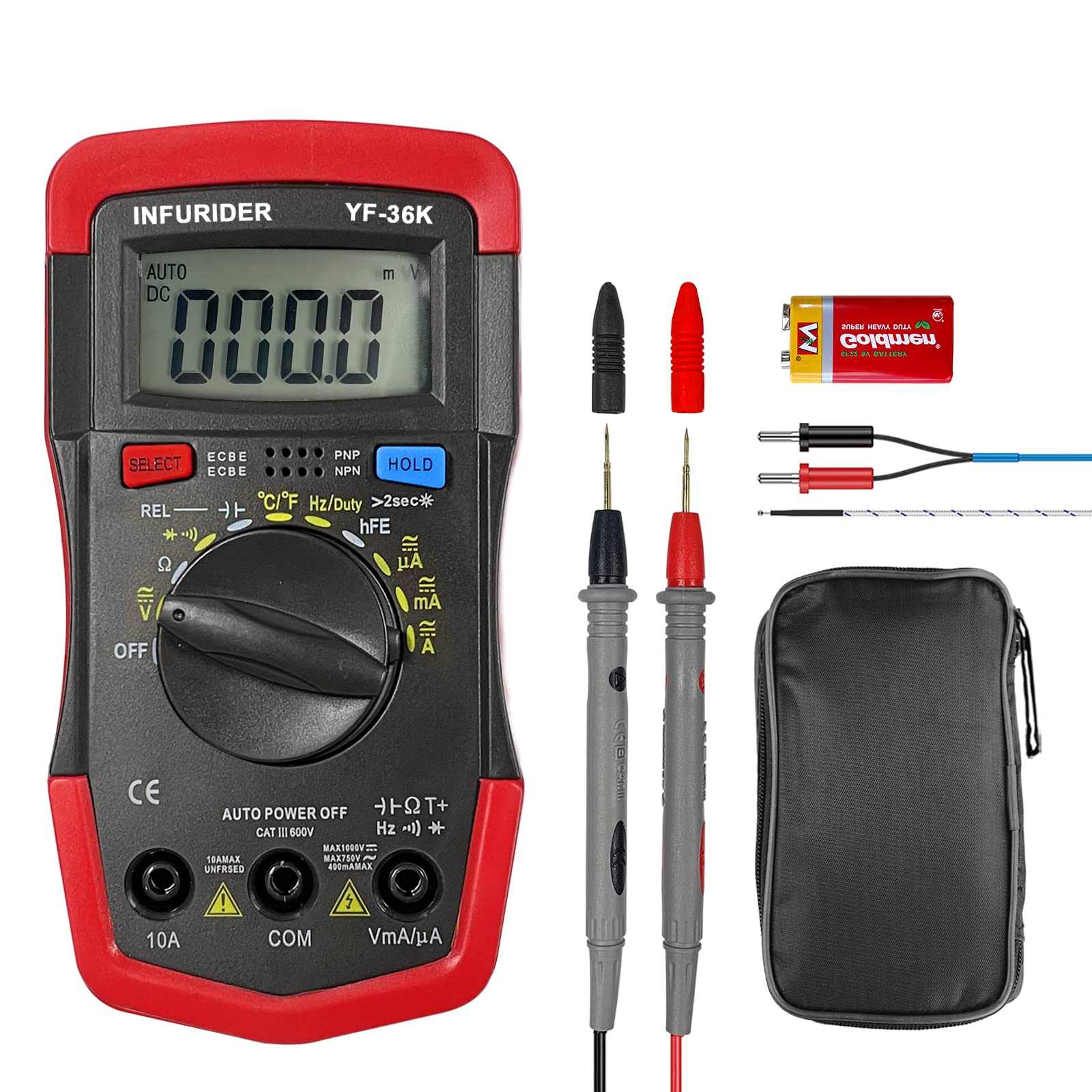 

INFURIDER True Continuity and Temperature Probe YF-36K Multimeter, 4000-Count Auto-Range, RMS, AC/DC Voltmeter, Ammeter, Resistance, Capacitance,
