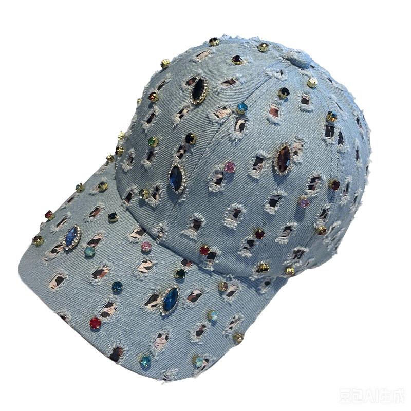 Womens Adjustable Denim Cap With Sparkling Rhinestones And Sunshade For Casual Wear