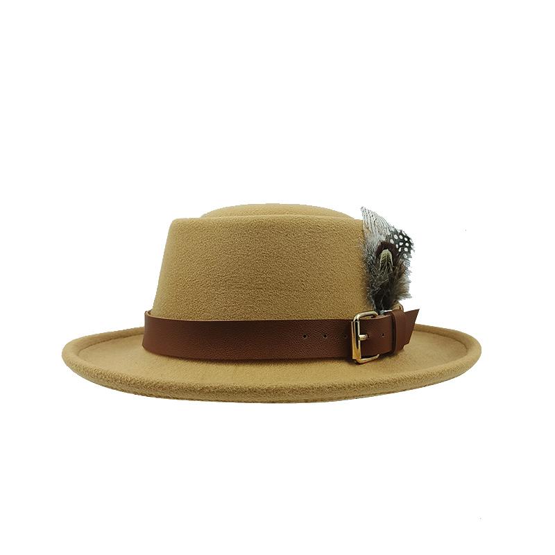 Vintage Pork Pie Hat Men feather fedora hat Webbing Decorative flip-brim Felt hats Panama Gentlemen women Church Jazz Hat