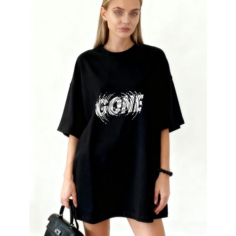

Oversized T Shirt Dress Black Abstract Wave Pattern And Text Graphic Print Casual Streetwear Fashion For Women XXXXL чорний