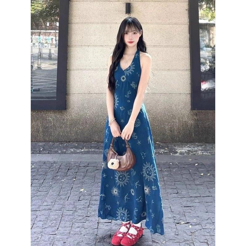 

New retro vacation style blue v-neck neck vest dress children s summer waist dress S