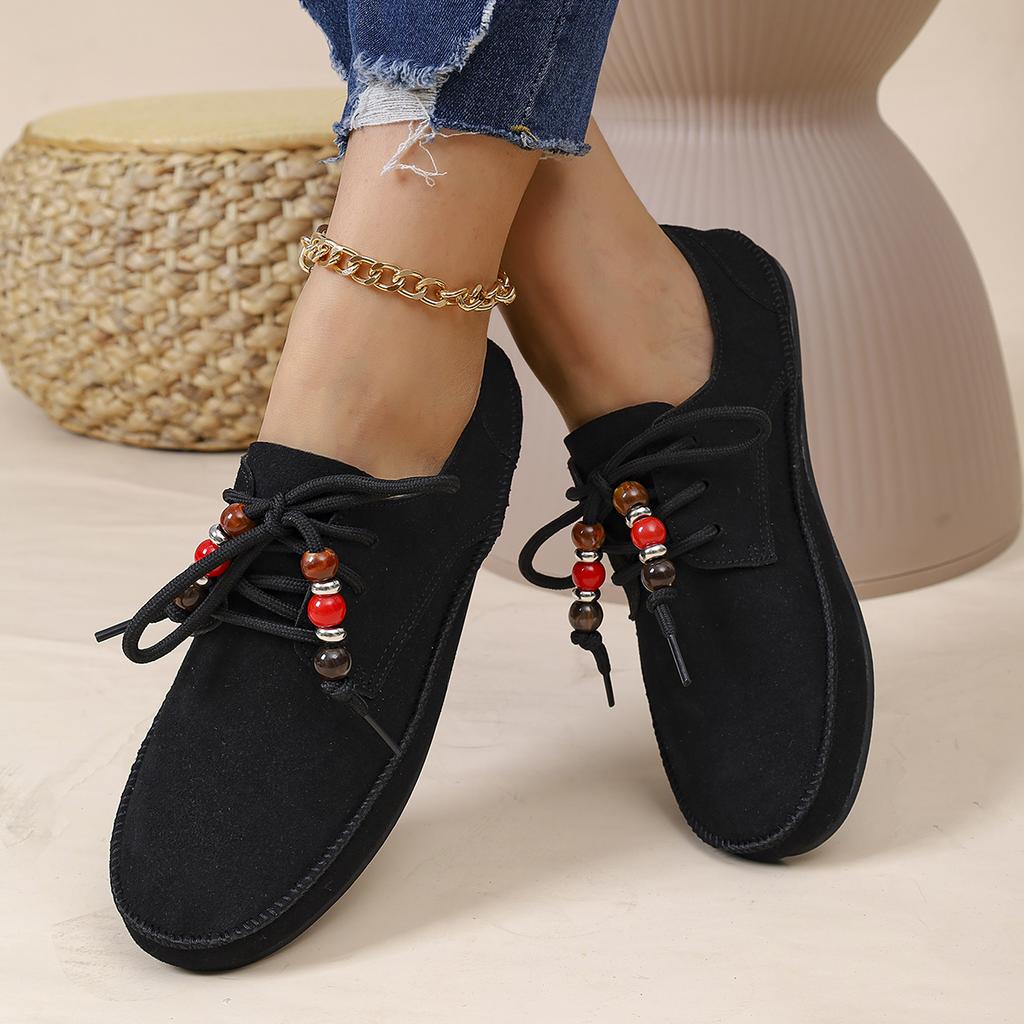 Retro-Stil Damen Flache Sneaker Neue Freizeit Frühling Herbst Sneaker Damen Runde Zehen Schnürung String Perlen Schuhe für Damen