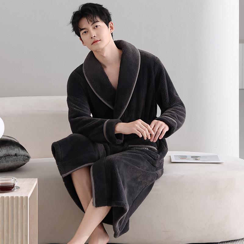Coral Fleece Nightgown Men'S Pajamas Autumn And Winter Fleece Thickened Thermal Flannel Medium And Long Bathrobe