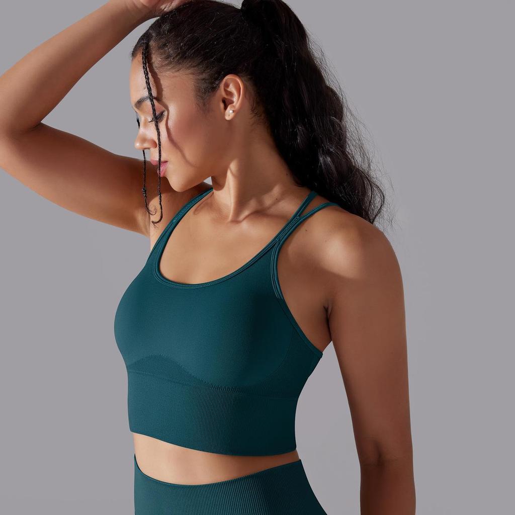 Solid Color Cross Back Sports Bra, Tight Fitting, Shock-absorbing, Gathering, High-strength Vest, Yoga And Fitness Bra For Women