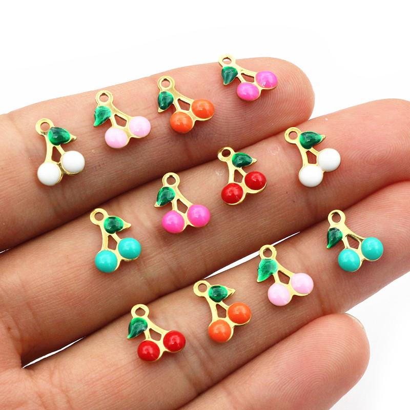 20pcs 10x7mm Stainless Steel Enamel Cherry Cherries Charms Pendant Stainless Steel DIY Jewelry Making Accessories Findings