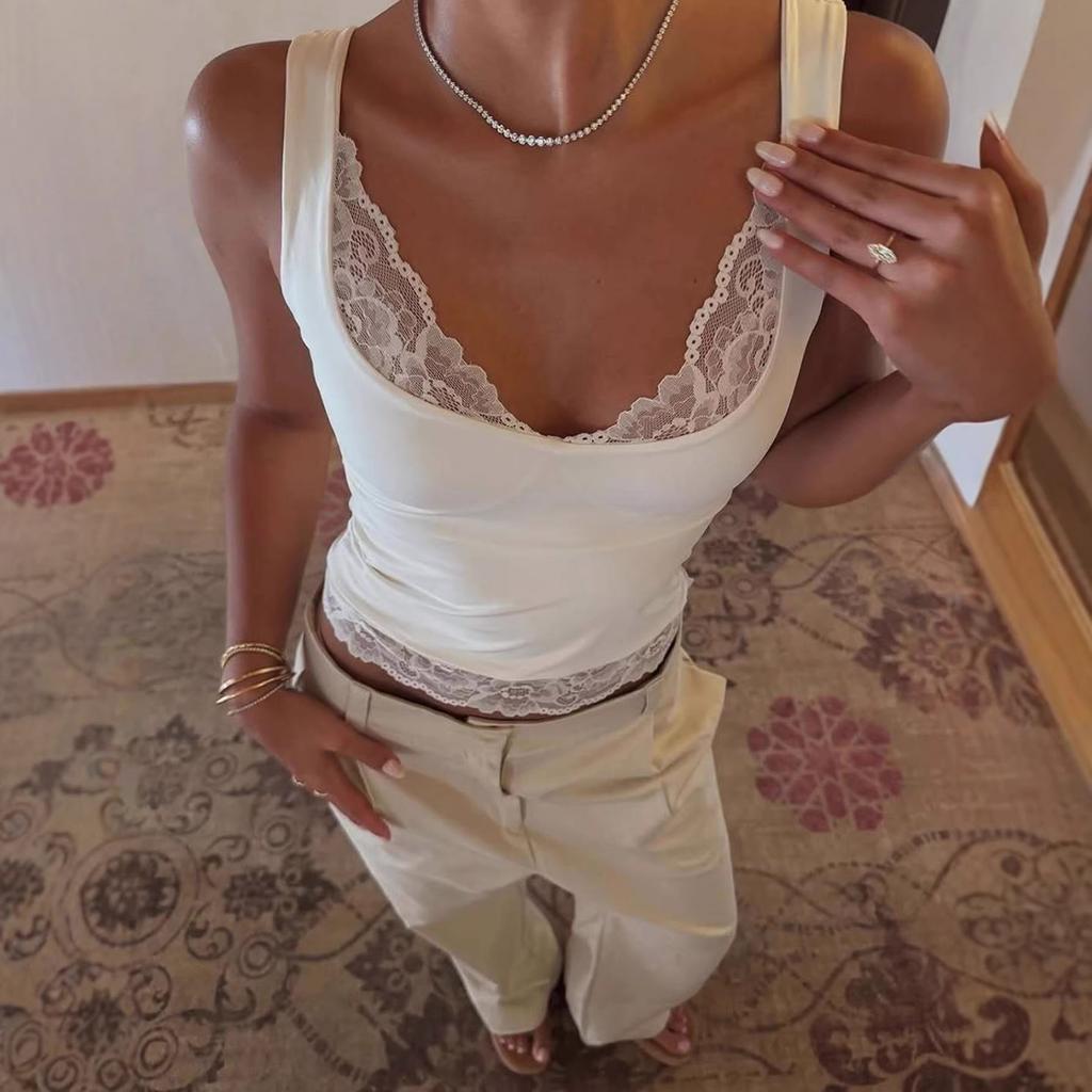 Women's Sleeveless V Neck Tank Top with Lace Trim Slim Fit Soft Fabric Stretchy Casual Summer Shirt