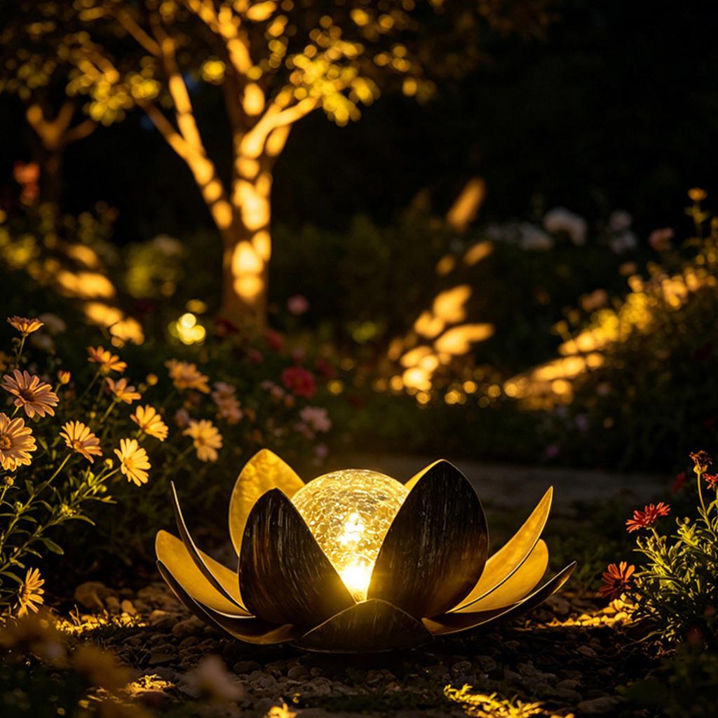 Metal Lotus Solar Garden Light with Crackled Glass Globe Outdoor Decorative Patio Yard Landscape Lamp for Home Villa Ambient Lighting