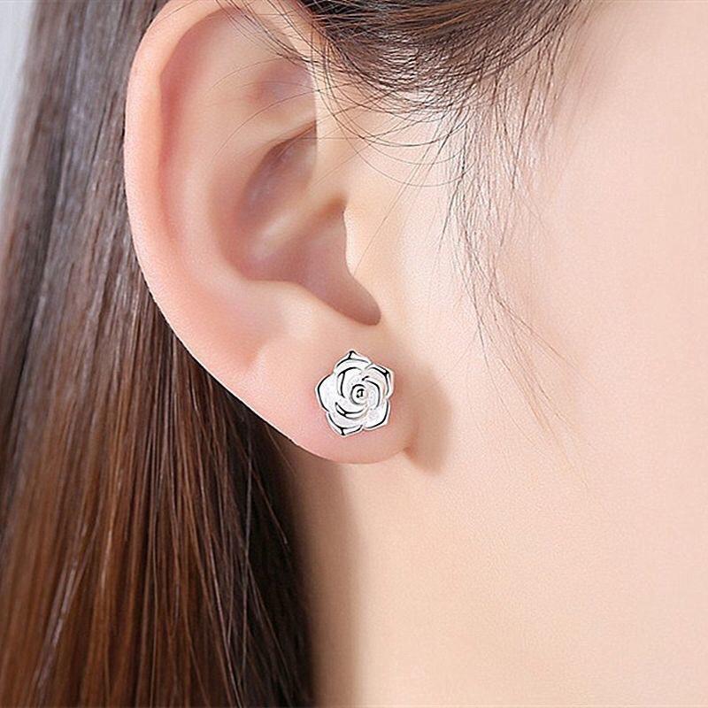 Buyee 925 Sterling Silver Female Stud Earring Elegant Rose Flower Small Earring for Women Fashion Fine Jewelry Earring Gift