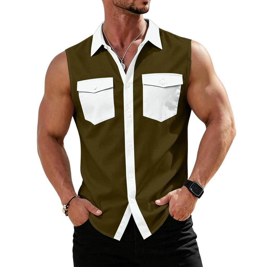 Men's Workwear Lapel Button-Down Vest Shirt - Lightweight Sleeveless Top