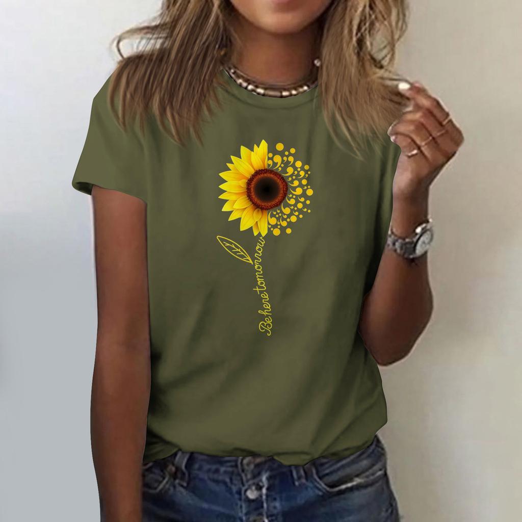 Sunflower Ladies Cute Print Short Sleeve Round Neck Front Shoulder Vintage Short Sleeve Summer Loose Shirt Top