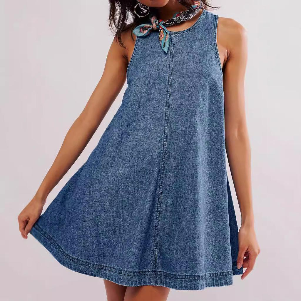 Backless Dress 2025 Denim Dress Women's Summer New Casual Sleeveless Halter Short Skirt A-line Skirt